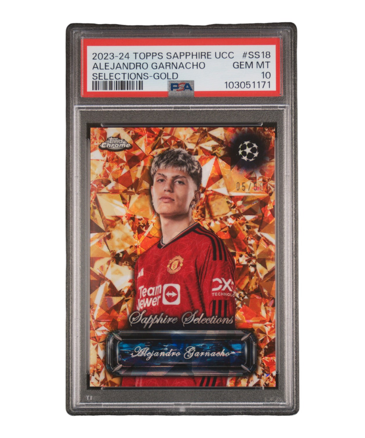 2023-24 TOPPS CHROME SAPPHIRE EDITION UEFA CLUB COMPETITIONS SAPPHIRE SELECTIONS SS18 ALEJANDRO GARNACHO GOLD