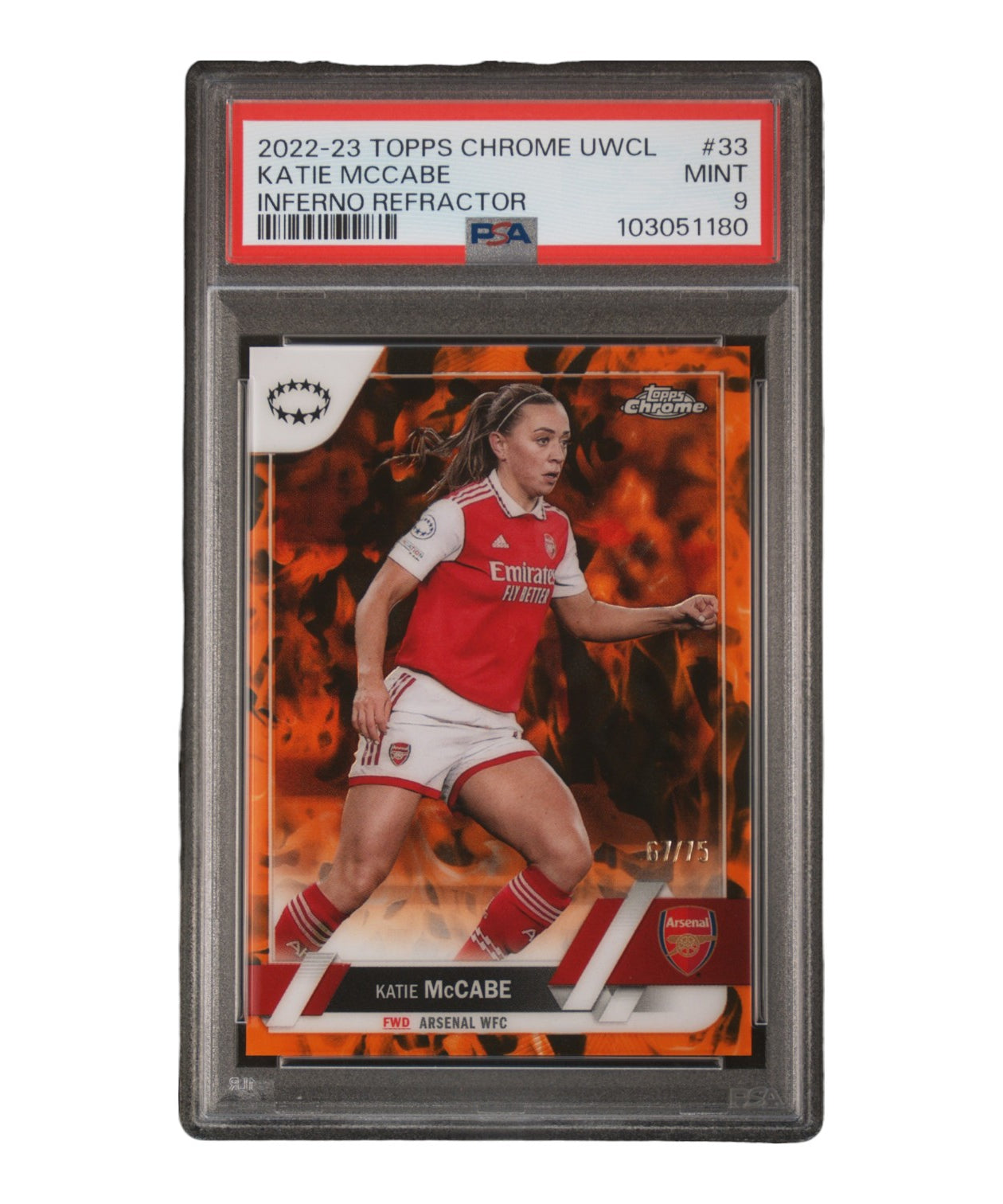 2022-23 TOPPS CHROME UEFA WOMEN'S CHAMPIONS LEAGUE 33 KATIE MCCABE INFERNO REFRACTOR