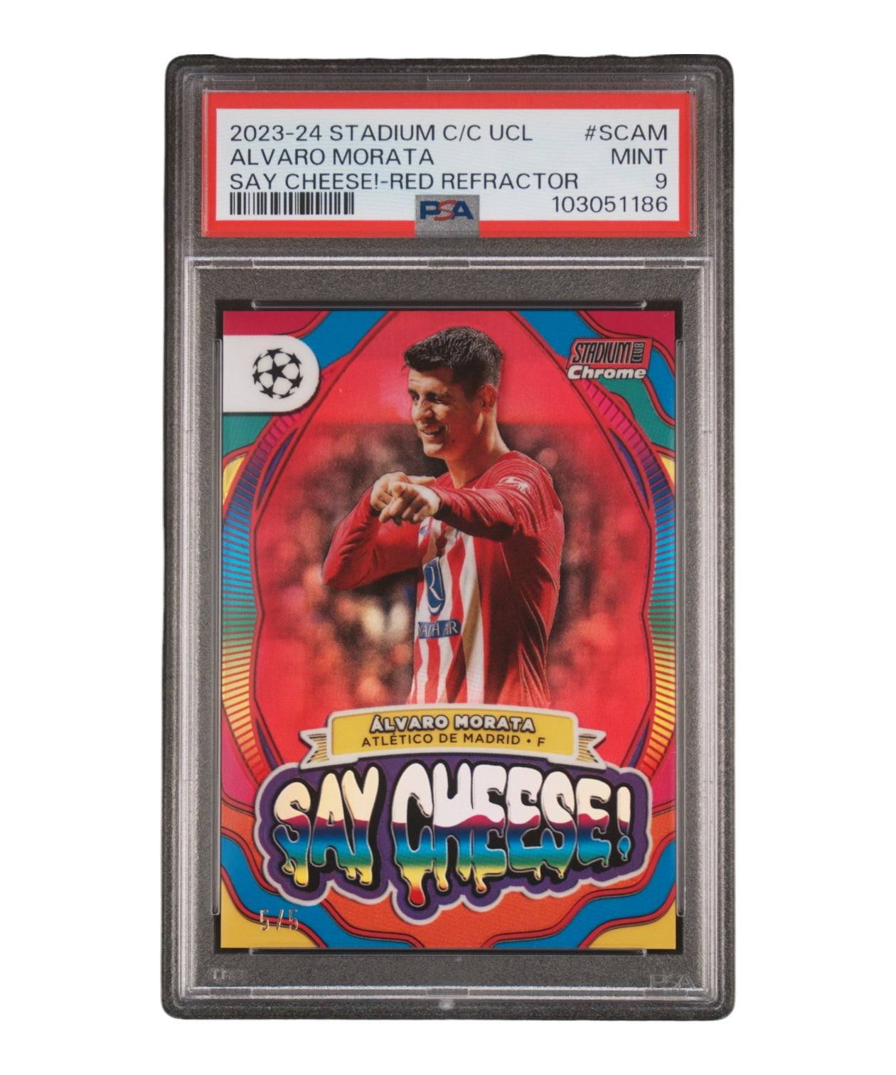 2023-24 TOPPS STADIUM CLUB CHROME UEFA CLUB COMPETITIONS SAY CHEESE! SCAM ALVARO MORATA RED REFRACTOR