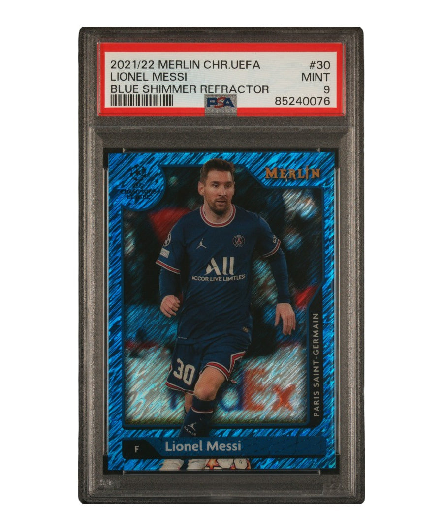 2021-2022 Topps Merlin Chrome Uefa League Lionel Messi #30 /75 Blue Shimmer